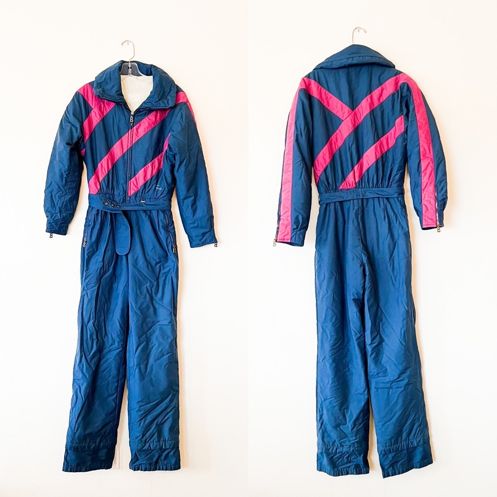 Bogner Blue and Pink Vintage Ski Suit with Bold Design